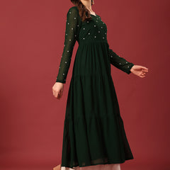 Poshak Hub Women Dark Green Georgette Embroidery Tiered Anarkali Kurta