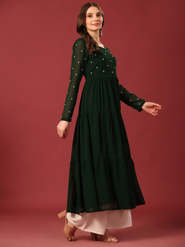 Poshak Hub Women Dark Green Georgette Embroidery Tiered Anarkali Kurta