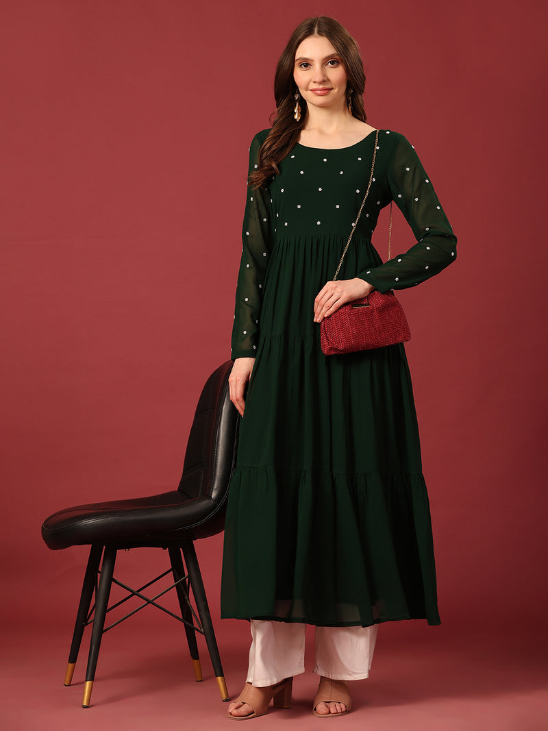 Poshak Hub Women Dark Green Georgette Embroidery Tiered Anarkali Kurta