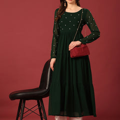 Poshak Hub Women Dark Green Georgette Embroidery Tiered Anarkali Kurta