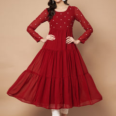 Poshak Hub Women Maroon Georgette Embroidery Tiered Anarkali Kurta