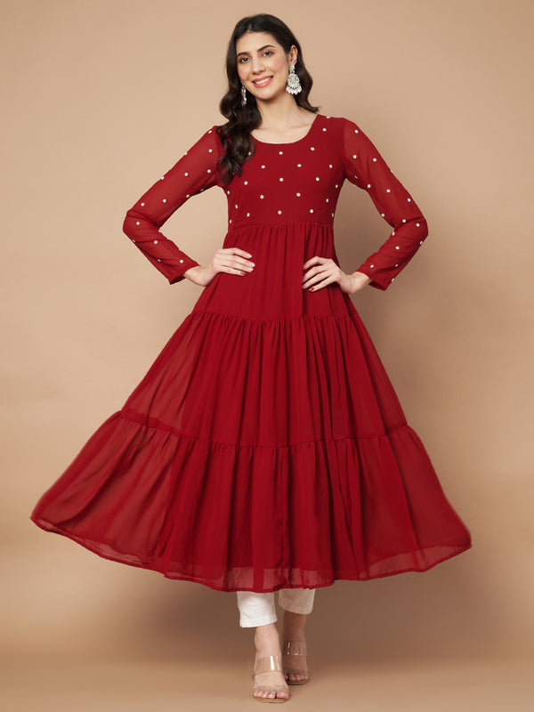 Poshak Hub Women Maroon Georgette Embroidery Tiered Anarkali Kurta