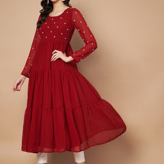 Poshak Hub Women Maroon Georgette Embroidery Tiered Anarkali Kurta