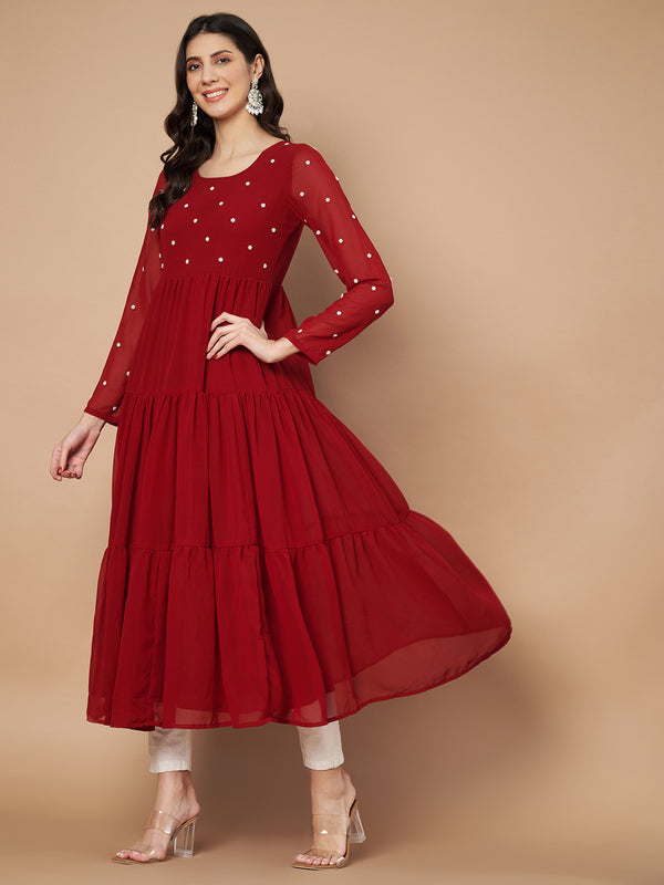 Poshak Hub Women Maroon Georgette Embroidery Tiered Anarkali Kurta