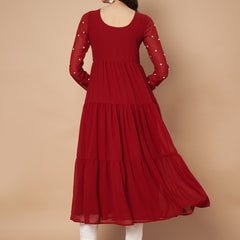 Poshak Hub Women Maroon Georgette Embroidery Tiered Anarkali Kurta