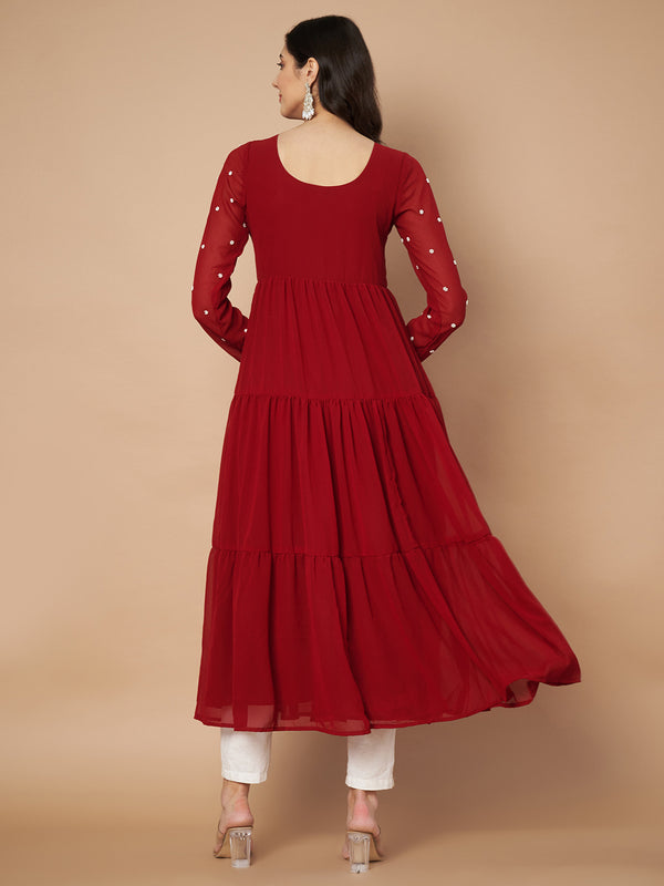 Poshak Hub Women Maroon Georgette Embroidery Tiered Anarkali Kurta