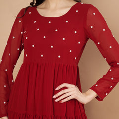 Poshak Hub Women Maroon Georgette Embroidery Tiered Anarkali Kurta