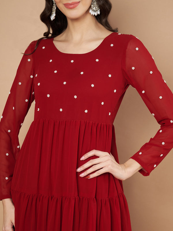 Poshak Hub Women Maroon Georgette Embroidery Tiered Anarkali Kurta
