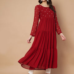 Poshak Hub Women Maroon Georgette Embroidery Tiered Anarkali Kurta