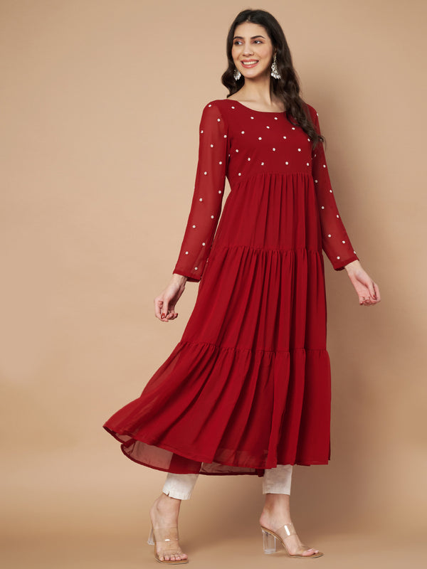 Poshak Hub Women Maroon Georgette Embroidery Tiered Anarkali Kurta