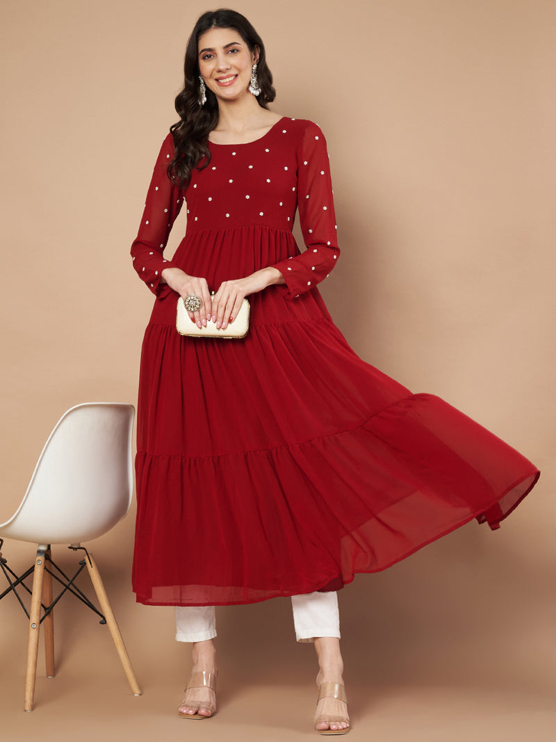 Poshak Hub Women Maroon Georgette Embroidery Tiered Anarkali Kurta