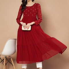 Poshak Hub Women Maroon Georgette Embroidery Tiered Anarkali Kurta
