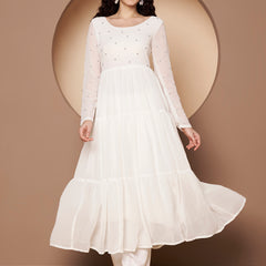Poshak Hub Women Off-White Georgette Embroidery Tiered Anarkali Kurta