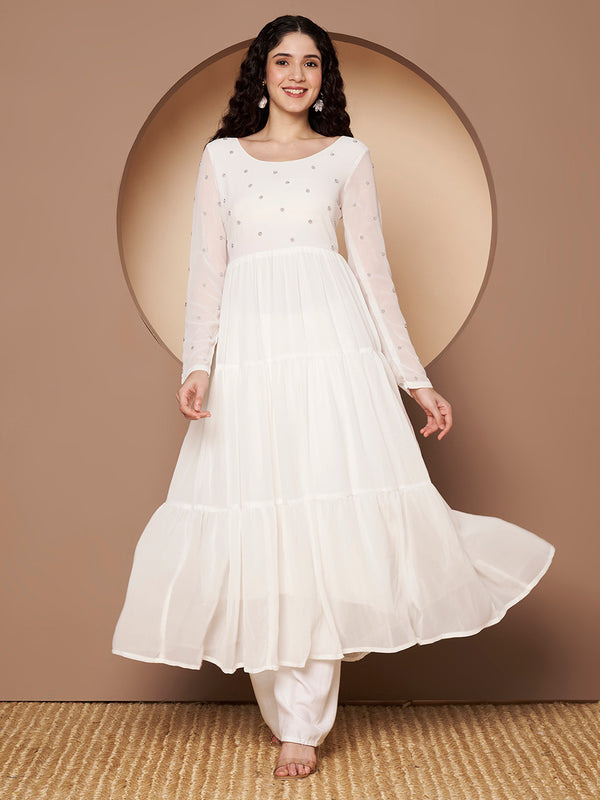 Poshak Hub Women Off-White Georgette Embroidery Tiered Anarkali Kurta