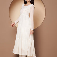 Poshak Hub Women Off-White Georgette Embroidery Tiered Anarkali Kurta