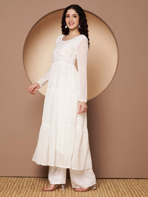 Poshak Hub Women Off-White Georgette Embroidery Tiered Anarkali Kurta