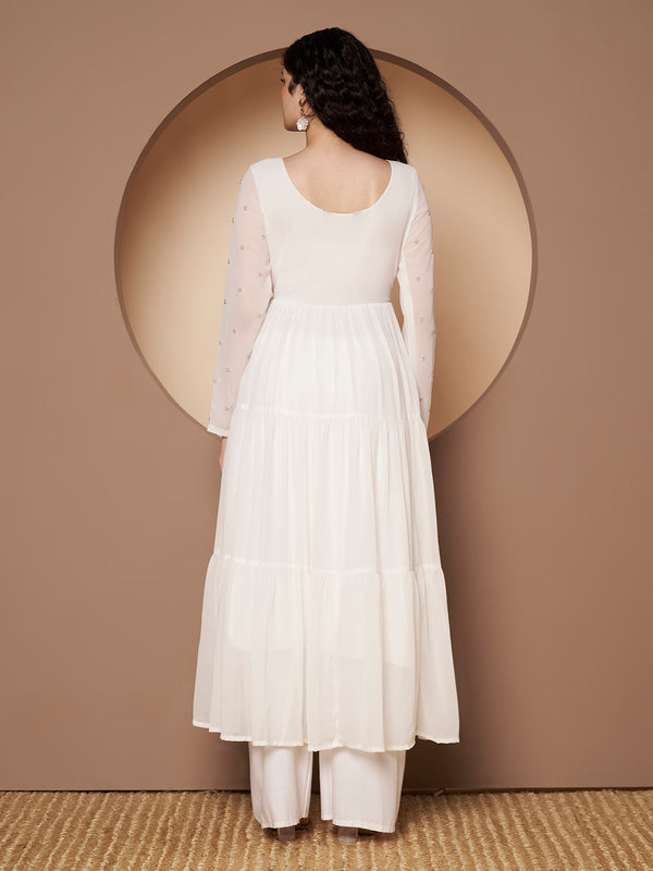 Poshak Hub Women Off-White Georgette Embroidery Tiered Anarkali Kurta