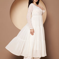 Poshak Hub Women Off-White Georgette Embroidery Tiered Anarkali Kurta