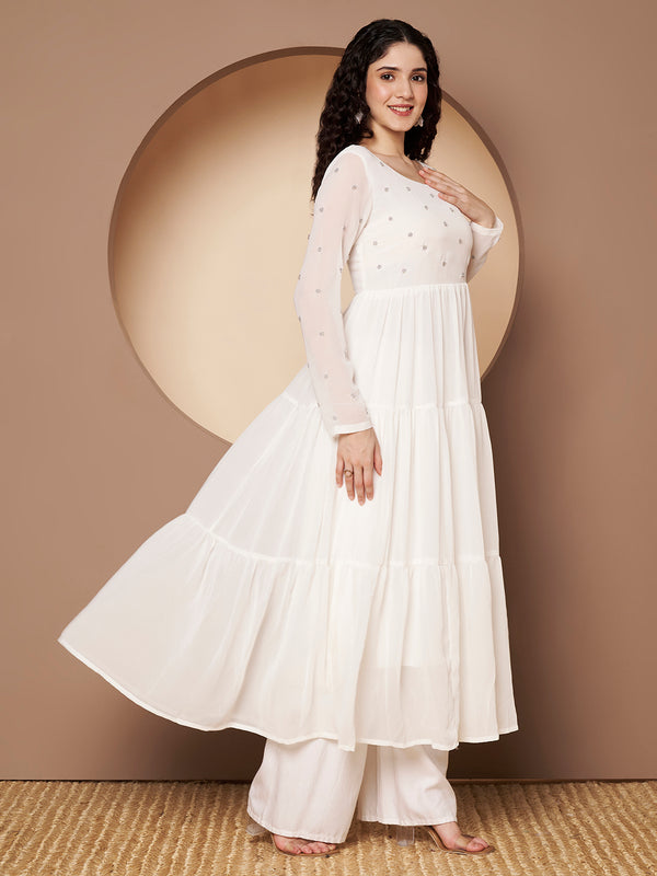 Poshak Hub Women Off-White Georgette Embroidery Tiered Anarkali Kurta