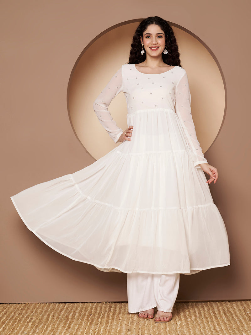 Poshak Hub Women Off-White Georgette Embroidery Tiered Anarkali Kurta