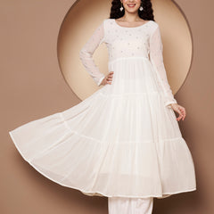 Poshak Hub Women Off-White Georgette Embroidery Tiered Anarkali Kurta
