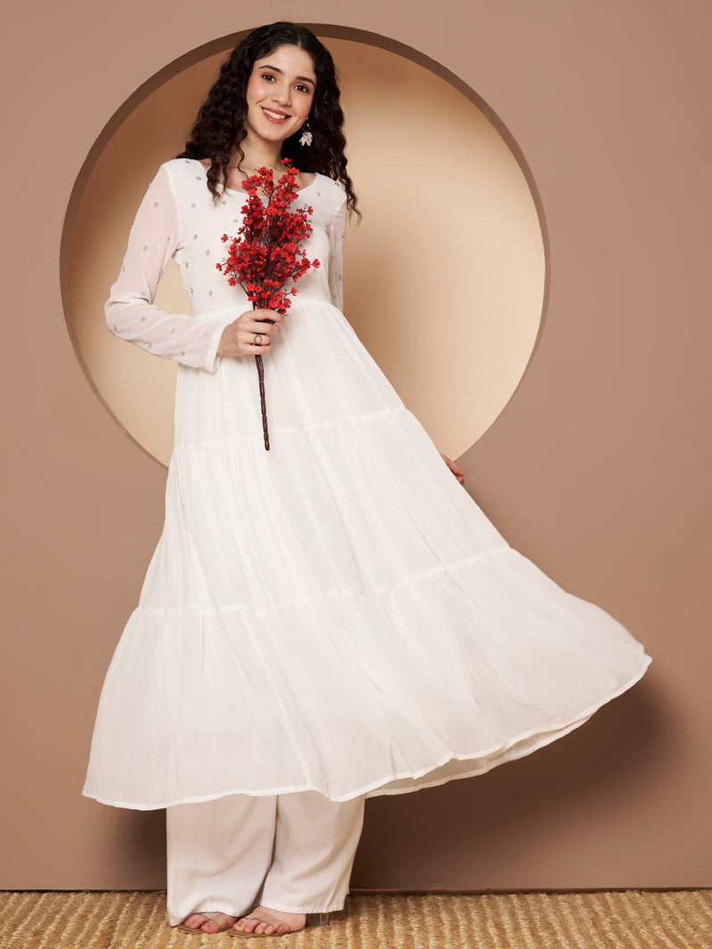 Poshak Hub Women Off-White Georgette Embroidery Tiered Anarkali Kurta
