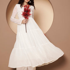 Poshak Hub Women Off-White Georgette Embroidery Tiered Anarkali Kurta