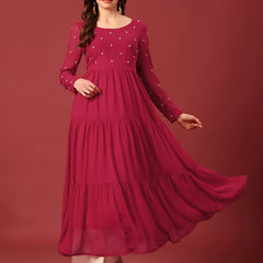 Poshak Hub Women Dark Pink Georgette Embroidery Tiered Anarkali Kurta