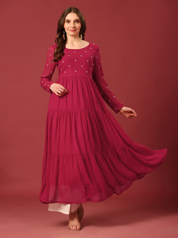 Poshak Hub Women Dark Pink Georgette Embroidery Tiered Anarkali Kurta