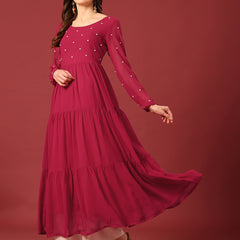 Poshak Hub Women Dark Pink Georgette Embroidery Tiered Anarkali Kurta