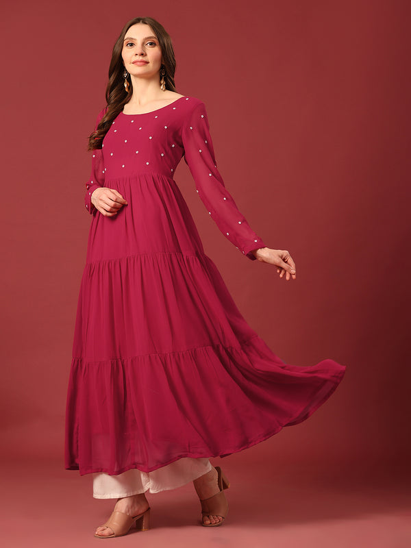 Poshak Hub Women Dark Pink Georgette Embroidery Tiered Anarkali Kurta