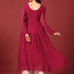 Poshak Hub Women Dark Pink Georgette Embroidery Tiered Anarkali Kurta