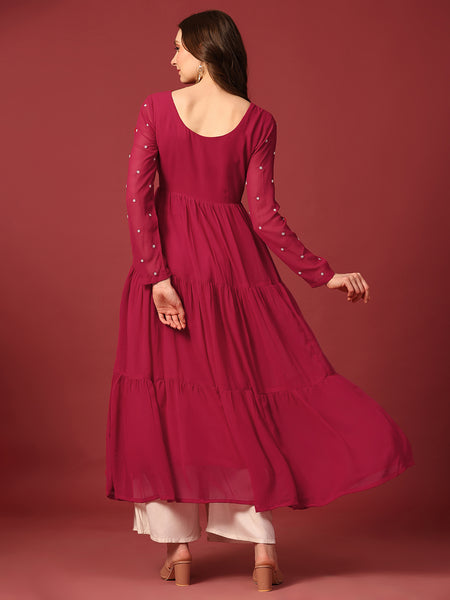 Poshak Hub Women Dark Pink Georgette Embroidery Tiered Anarkali Kurta