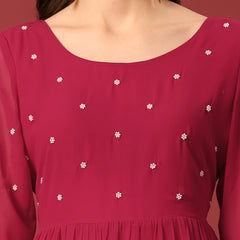 Poshak Hub Women Dark Pink Georgette Embroidery Tiered Anarkali Kurta
