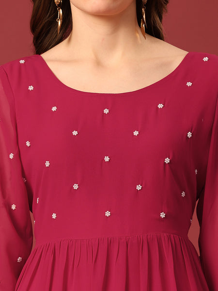 Poshak Hub Women Dark Pink Georgette Embroidery Tiered Anarkali Kurta