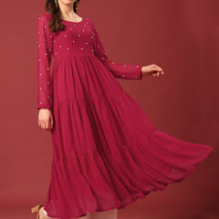 Poshak Hub Women Dark Pink Georgette Embroidery Tiered Anarkali Kurta