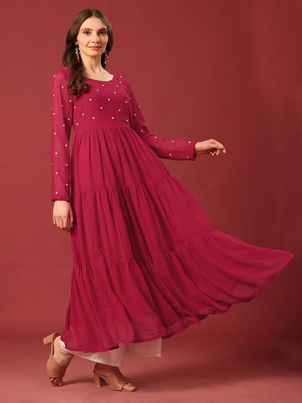 Poshak Hub Women Dark Pink Georgette Embroidery Tiered Anarkali Kurta