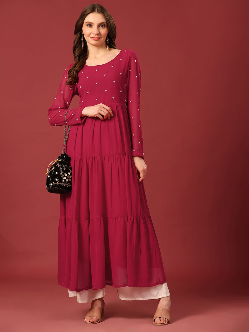 Poshak Hub Women Dark Pink Georgette Embroidery Tiered Anarkali Kurta