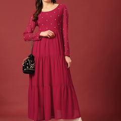 Poshak Hub Women Dark Pink Georgette Embroidery Tiered Anarkali Kurta