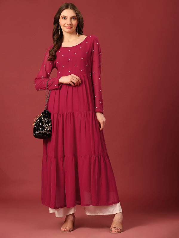 Poshak Hub Women Dark Pink Georgette Embroidery Tiered Anarkali Kurta