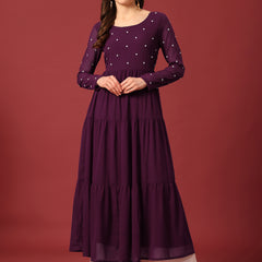 Poshak Hub Women Purple Georgette Embroidery Tiered Anarkali Kurta