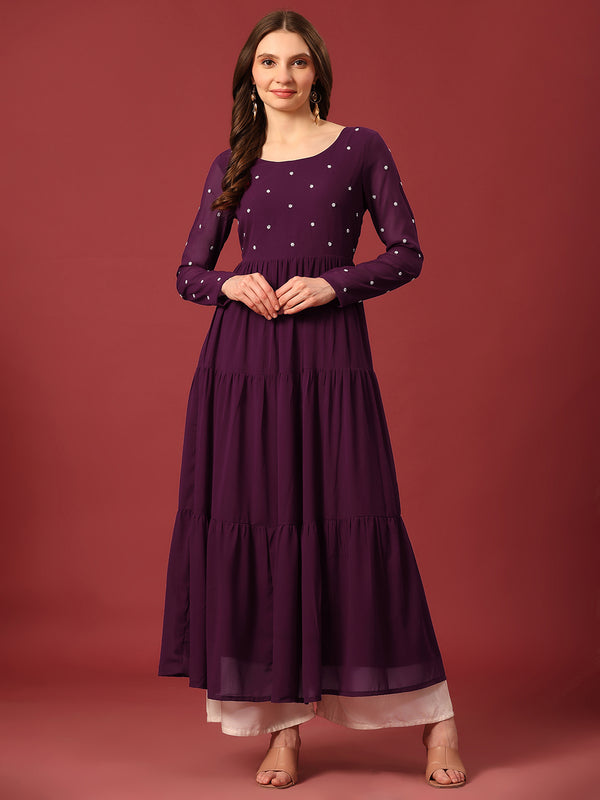 Poshak Hub Women Purple Georgette Embroidery Tiered Anarkali Kurta
