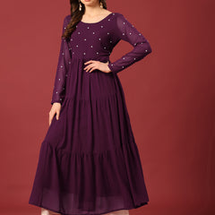 Poshak Hub Women Purple Georgette Embroidery Tiered Anarkali Kurta