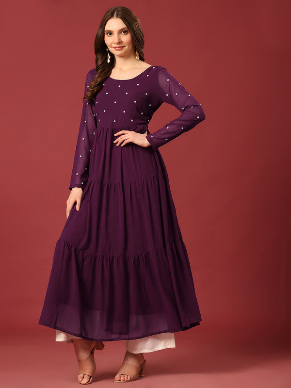 Poshak Hub Women Purple Georgette Embroidery Tiered Anarkali Kurta