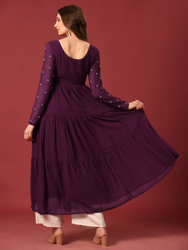 Poshak Hub Women Purple Georgette Embroidery Tiered Anarkali Kurta
