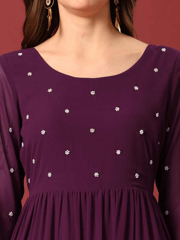 Poshak Hub Women Purple Georgette Embroidery Tiered Anarkali Kurta