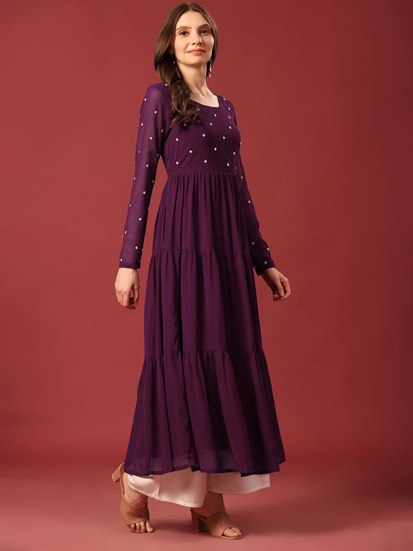 Poshak Hub Women Purple Georgette Embroidery Tiered Anarkali Kurta
