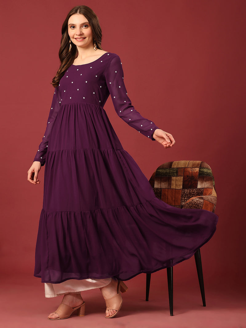 Poshak Hub Women Purple Georgette Embroidery Tiered Anarkali Kurta