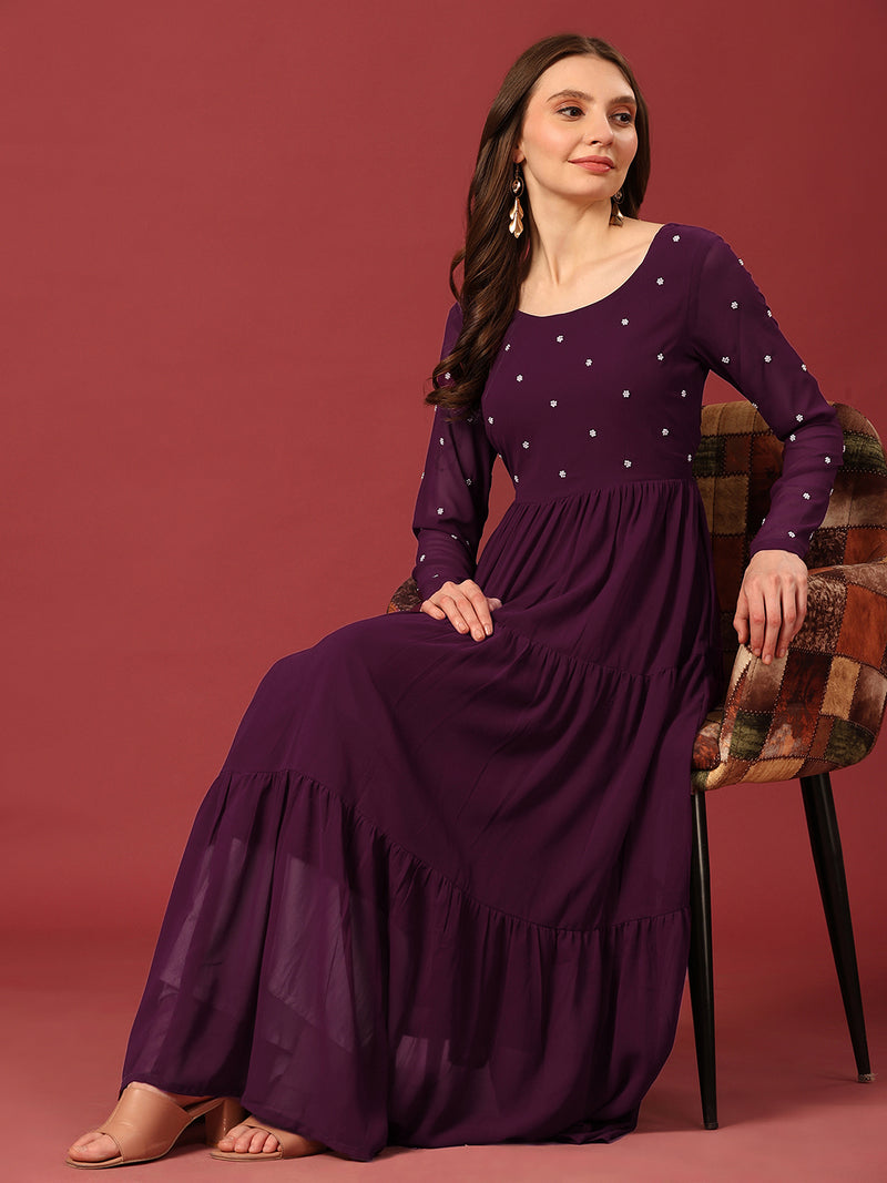 Poshak Hub Women Purple Georgette Embroidery Tiered Anarkali Kurta