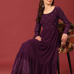 Poshak Hub Women Purple Georgette Embroidery Tiered Anarkali Kurta